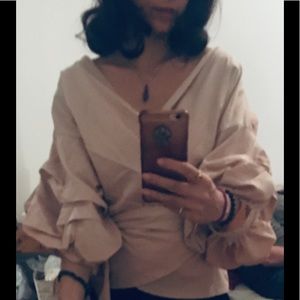 Puff sleeve neutral color wrap around top